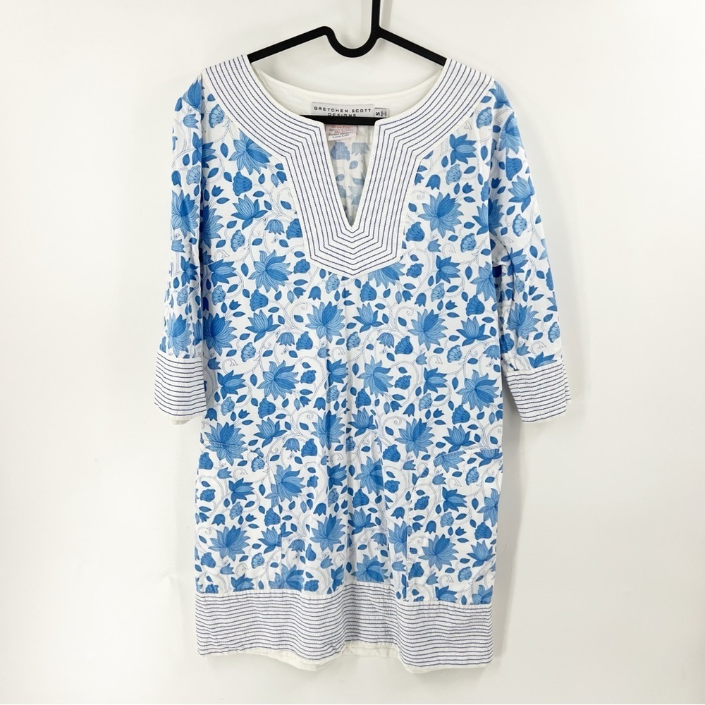 ✅ GRETCHEN SCOTT DESIGNS BLUE/WHITE FLORAL‎ SPLIT NECK MINI DRESS SIZE SMALL